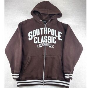 Vintage South Pole Classic Brown Zip Up Hoodie Mens L Spellout MCMXCI Graphic